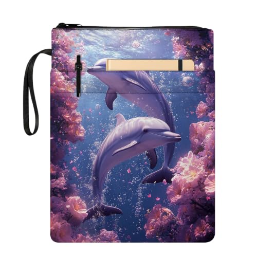 Padded Book Sleeve with Zipper & Front Pocket, Fabric Book Cover | Pink Purple Ocean Dolphins11.4"x8.7" Washable Canvas Pouch for Hardcovers, Tablets & Reading Accessories - color: Pink Purple Ocean Dolphins