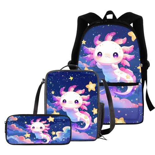 BIGCARJOB Cute Axolotl Backpack for Girls 8-10,Pink Axolotl Star Print School Bookbags Little Girls Back to School Daypack Children Kids Kawai School Backpack with Lunchbags Pencil Holder - color: Axolotl Star Print, size: One Size