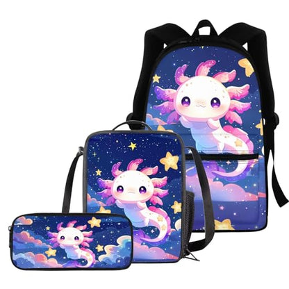 BIGCARJOB Cute Axolotl Backpack for Girls 8-10,Pink Axolotl Star Print School Bookbags Little Girls Back to School Daypack Children Kids Kawai School Backpack with Lunchbags Pencil Holder - color: Axolotl Star Print, size: One Size