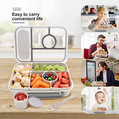 Amathley Bento Box Adult Lunch Box Kids,Lunch Containers for Adults/Kids/Toddler,5 Compartments Bento Lunch Box with Sauce Vontainers,Microwave & Dishwasher & Freezer Safe,BPA-Free (White) - color: White