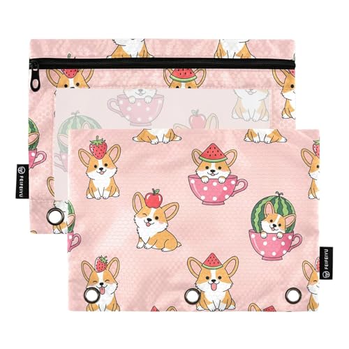 Gredecor Binder Pencil Pouch 3 Ring Cute Cartoon Corgi Dog Pink Zipper Pencil Pouches Case 2 Pack Clear Binder Organizer for School Office - color: Multi20