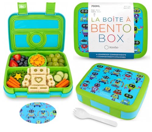 kinsho Bento Lunch Box for Kids Toddlers Boys, 4 Portion Sections Secure, BPA Free Removable Tray, Pre-School Kid Daycare Lunches Snack Container, Green Robot Ages 3 to 5 - color: Robot Bento