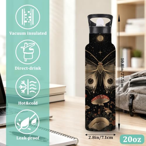 Black Moth 20 oz Insulated Water Bottles Mushroom Moon Stainless Steel Thermal Bottle Leak Resistant with Straw Twist Cap and Handle for Sports Coffee Mug Cup - color: Black Moth,Mushroom Moon