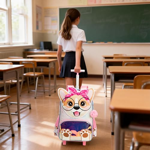 Meetbelify Backpack with Wheels for Girls Rolling Backpack Cute Carry on Backpack Kids Luggage with Lunch Box Pencil Case for Elementary Student - color: Dog
