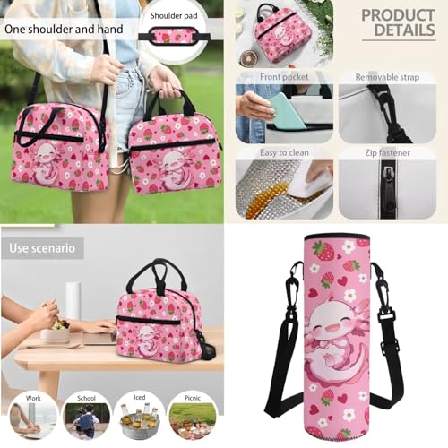 Horeset Axolotl Strawberry Backpack for School Girls Kids 3 Pack 17inch Schoolbag & Water Bottle Sling Bag & Picnic Lunch Bag Primary Elementary School Bookbag with Side Mesh Pocket - color: Axolotl Strawberry