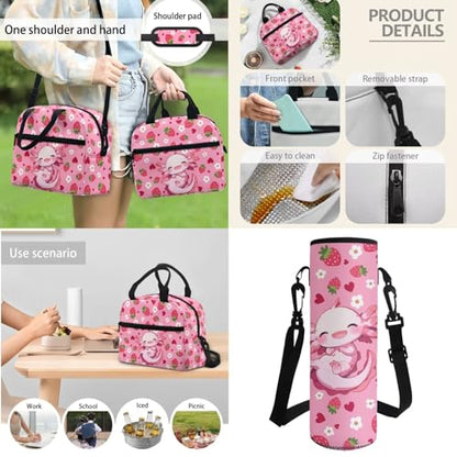 Horeset Axolotl Strawberry Backpack for School Girls Kids 3 Pack 17inch Schoolbag & Water Bottle Sling Bag & Picnic Lunch Bag Primary Elementary School Bookbag with Side Mesh Pocket - color: Axolotl Strawberry