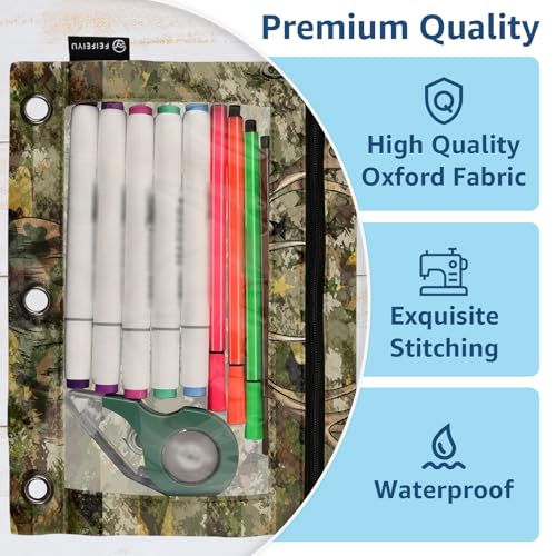 Camo Pencil Pouch For 3 Ring Binder Clear Window Pencil Case For 3 Ring Reinforced Grommets With Zipper, 2 Pack - color: Camo