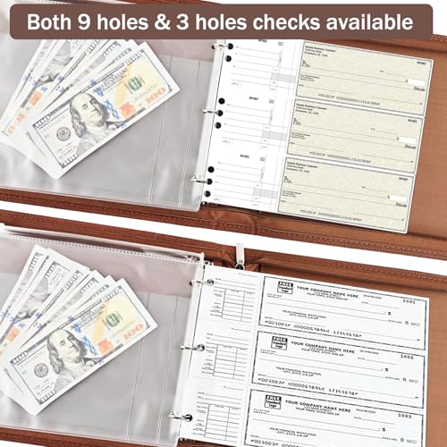LLi Cufite 3 Rings Check Binder for End-Stub Deskbook Checks, Zipper Business Check Binder, 3 on a Page, Fit 3 & 9 Holes Check Faux Leather (Brown) - color: Brown