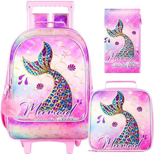 HPJGD 3PCS Mermaid Rolling Backpack for Girls, Kids School Backpacks with Wheels, Water Resistant UV Printed Roller Wheeled Bookbag Set with Lunch Box - color: 3PCS Mermaid Rolling Backpack