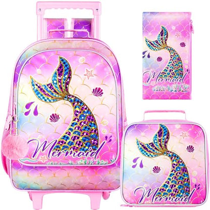 HPJGD 3PCS Mermaid Rolling Backpack for Girls, Kids School Backpacks with Wheels, Water Resistant UV Printed Roller Wheeled Bookbag Set with Lunch Box - color: 3PCS Mermaid Rolling Backpack