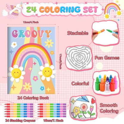 BenLouis 24 Hippie Boho Mini Coloring Books Kids with 24 Stacking Crayons Retro Daisy Party Favors Activity Books Bulk for Kids Two Groovy Goodie Bag Gift Stuffer Classroom Reward - style: Hippie Boho