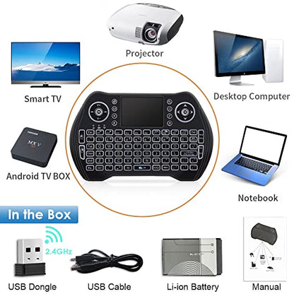 BL Mini Wireless Keyboard with Touchpad and Mouse Combo, Backlit Handheld Keyboard Remote for Android TV Box Smart TV PC HTPC Laptop Tablet Projector PS3 Raspberry Pi Windows Mac XBox, with USB Dongle
