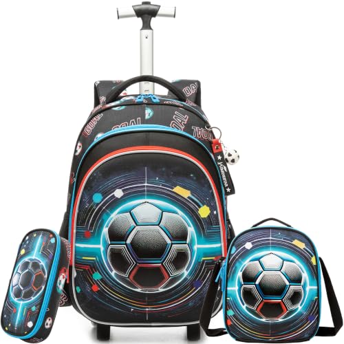 Meetbelify Rolling Backpack for Boys Backpack with Wheels Kids Football Roller Suitcase Travel Luggage for Elementary Student Ages 6-8 - color: Blue Football