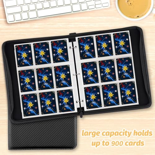 900 Pockets Round Ring Trading Card Binder, 9-Pocket Clear Zipper Card Album with Wrist Strap, Holds 900 Standard TCG & Sports Cards, Not Fit Top Loaders (Carbon Black) - color: 9 Pocket 900 Carton Black