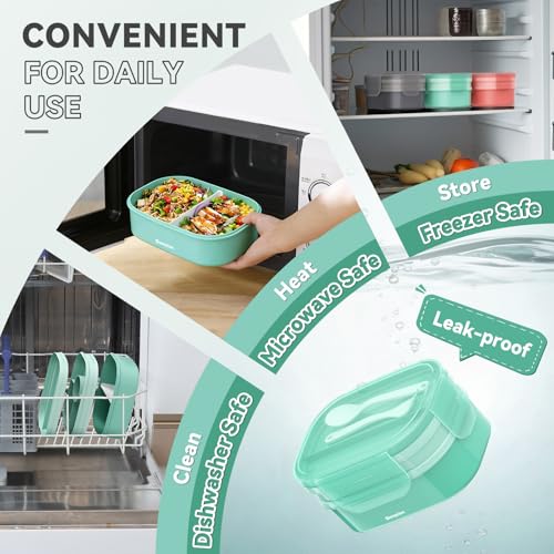 2 Layers Bento Box, All-in-One Stackable Lunch Container with Compartments, 64oz Leakproof Microwave Safe Dishwasher Safe Bento Box with Lunch Bag and Utensil Set for Kids and Adults - color: A-Green