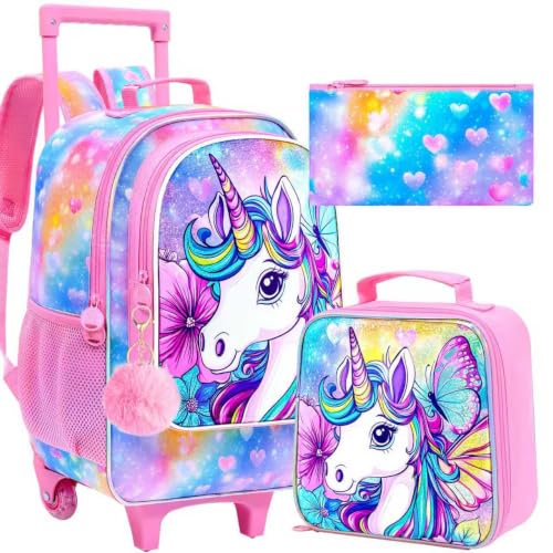 3PCS Unicorn Rolling Backpack for Girls, 18" Kids Roller Bookbag with Wheels, 2-in-1 Wheeled School Backpack for Elementary Preschool Kindergarten (Pink) - color: Unicorn-rainbow Flower