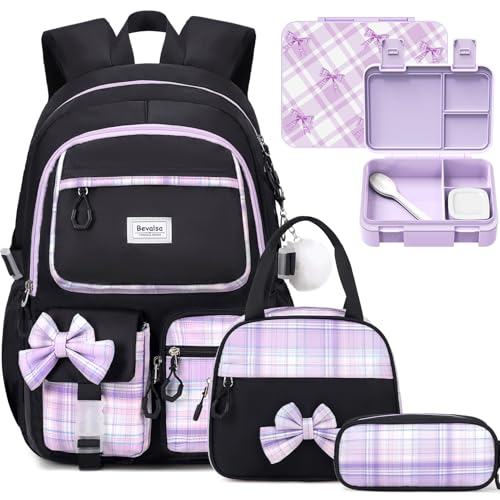 Bevalsa Backpack for Girls, Bow Bookpack with Bento Lunch Box, Insulated Bag & Utensils, 34oz Lunch Containers School Bags Set for Children Teens Kids Elementary Middle school Student (Black Purple) - color: Black Purple