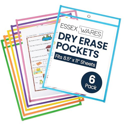 Essex Wares - 6 Pack, Pastel, Dry Erase Pocket Document Protectors, 10" Wide x 13.5" Tall - Dry Erase Clear Plastic Sleeves - Reusable & Easy Erase Plastic Invoice Holders, Water-Resistant & Durable - color: Pastel Colors