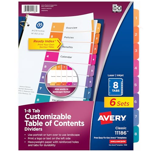 Avery 8 Tab Dividers for 3 Ring Binders, Customizable Table of Contents, Multicolor Tabs, 6 Sets (11186) - size: 8 tabs