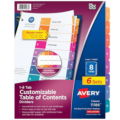 Avery 8 Tab Dividers for 3 Ring Binders, Customizable Table of Contents, Multicolor Tabs, 6 Sets (11186) - size: 8 tabs