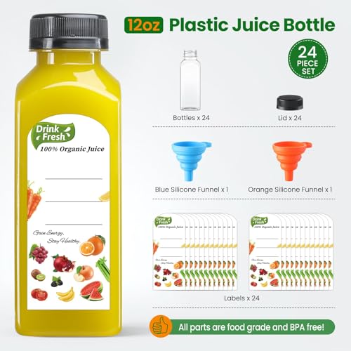 24 PACK, 12 OZ Reusable Thicker Plastic Juice Bottles with Caps, Leakproof | Plus 24 Labels & 2 Funnels, Clear Juicing Bottles for Juice, Smoothies, Ginger, Tea, Coffee -Food Grade & Travel & Freezable - size: 12oz