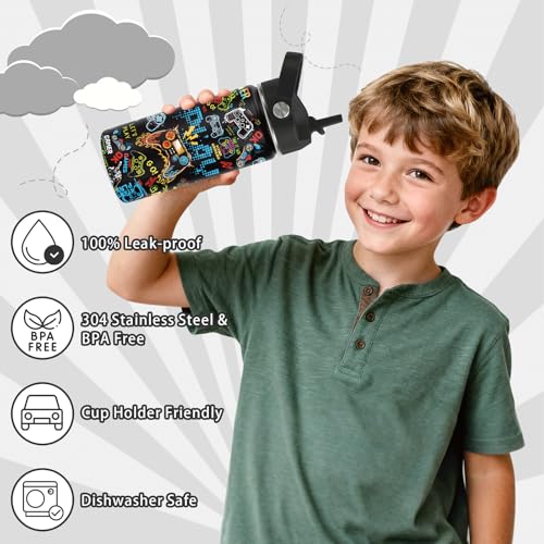 Gaming Gifts for Gamer Boys, 16oz Game Water Bottle for Kids, Gaming Controller Insulated Stainless Steel Tumbler, Birthday Gifts for Gamer Boys Kids Teen Adults Gamings Cup - color: Game