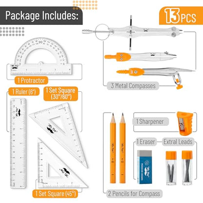 Mr. Pen- Geometry Set, 13 pcs, 3 Metal Compasses, Protractor, 6" Ruler | 45° & 30°/60° Set Squares, Pencils, Lead Refills, Sharpener & Eraser for Math, Drafting & Classroom Use | 45° & 30°/60° Set Squares, Pencils, Lead Refills, Sharpener & Eraser for Mat