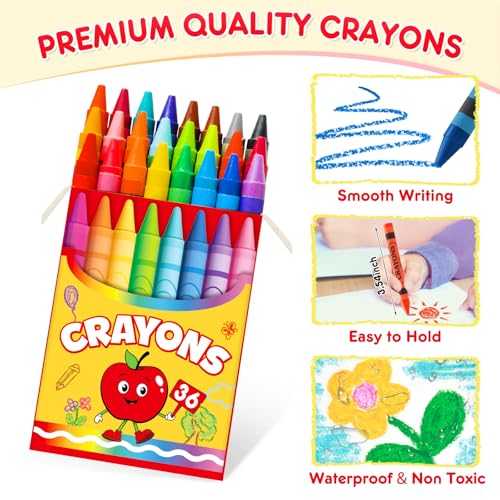 36 Pack Crayons Bulk, Premium Crayon for Arts Crafts, Back to School Essentials for Kid Toddler, Non Toxic Washable Crayon Party Favors Supplies for Classroom Homeschool, 24 Count Crayons Each Box