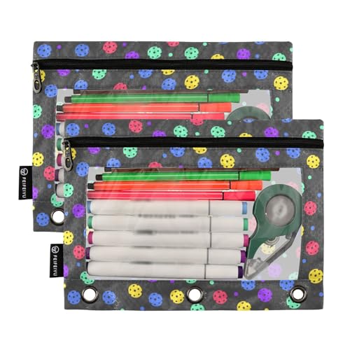 2 Pack 3 Ring Binder Pencil Pouch Colorful Pickleball Pencil Case Pencil Bags with Zipper, Clear PVC Binder Pockets for Office Daily Supplies - color: Color 17