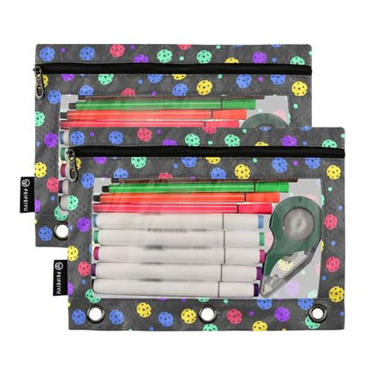 2 Pack 3 Ring Binder Pencil Pouch Colorful Pickleball Pencil Case Pencil Bags with Zipper, Clear PVC Binder Pockets for Office Daily Supplies - color: Color 17