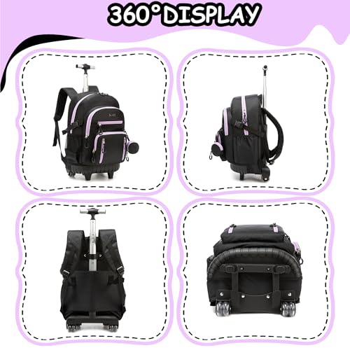 Backpack with Wheels for Girls Rolling Backpack for Kids 8-12 Roller Backpacks for Girls 10-12 School with Lunch Bag Pencil Case - color: Solid New Black Purple
