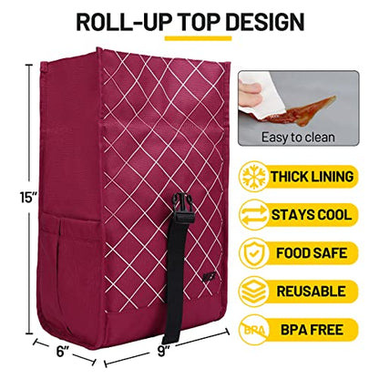 MIER Insulated Lunch Bag Roll Top Lunchbox for Women Men Adults Foldable Rolltop Lunch Tote with Shoulder Strap for Work Office Picnic, Water Bottle Holder, Red - color: Red