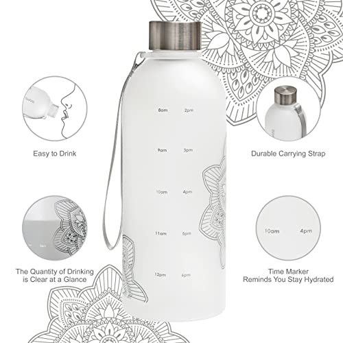 bzyoo 32 OZ 1 Liter Time Marker Water Bottle Frosted Durable Plastic With Strap - Reusable Clear Bottle With Times To Drink Time Markings For Daily Hydration Intake BPA Free (Silver) - color: Silver