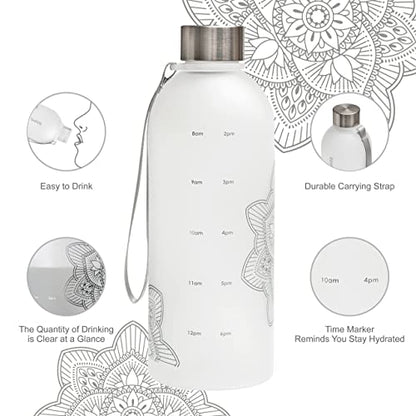 bzyoo 32 OZ 1 Liter Time Marker Water Bottle Frosted Durable Plastic With Strap - Reusable Clear Bottle With Times To Drink Time Markings For Daily Hydration Intake BPA Free (Silver) - color: Silver
