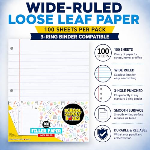 School Supply Boxes | Wide-Ruled Loose Leaf Paper | 24 Pack | 100 Sheets Per Pack, 3-Ring Binder Compatible - color: Wide-Ruled, size: 24 Pack