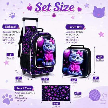 CCJPX 3Pcs Cat Rolling Backpack for Girls, 18" Kids Wheeled Bookbag with Lunch Box, Lightweight Roller School Bag for Elementary Preschool (Black) - color: Pink-clothed Cat