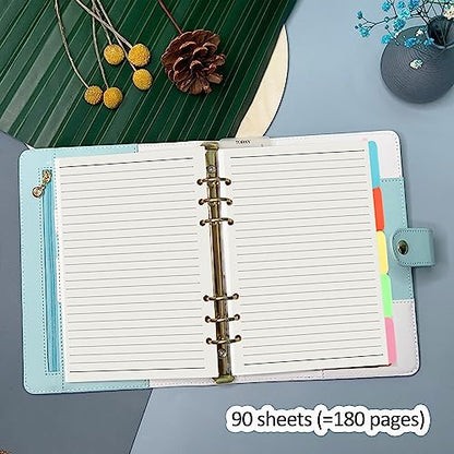 Harphia A5 6 Holes Binder Refill Value Set, 90sheets rulled line loose leaf paper with stickers and dividers, planner inserts with binder pockets for A5 binder 6 holes refillable notebook,005da5line - color: Line Paper Set, size: A5