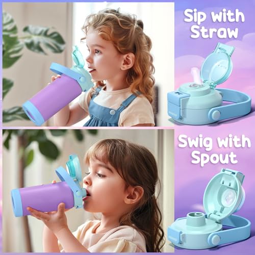 Fimibuke Kids Insulated Water Bottle with Pop-Open Straw & Spout 2-in-1 Lid, 18oz Leak Proof 18/8 Stainless Steel Vacuum Tumbler, BPA-Free Kids Cup For Travel School Boys Girls Toddler 2 Packs - color: Dinosaur & Shark, size: 18 Ounces