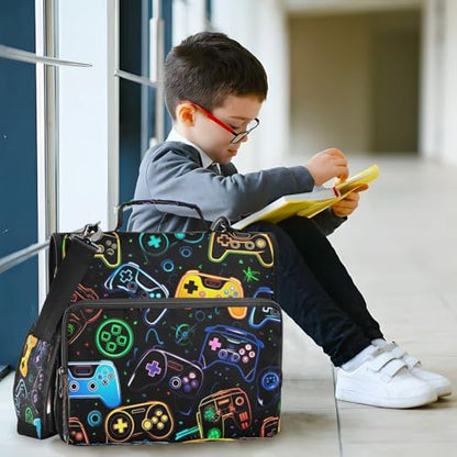Colorful Video Game Controllers Zipper Binder for School with Shoulder Strap & Extra Pockets - 1.5 Inch 3-Ring Binder Holds 500+ Sheets, Textbooks, Laptop - color: Colorful Video Game Controllers