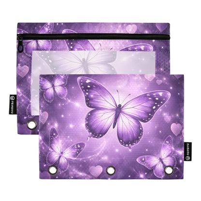2 Pack Pencil Pouch for 3 Ring Binder Purple Glowing Butterfly Pencil Case Pouch with Clear Window Zipper Binder Pencil Pouches Pen Bag for Office School Supplies - color: Purple Glowing Butterfly