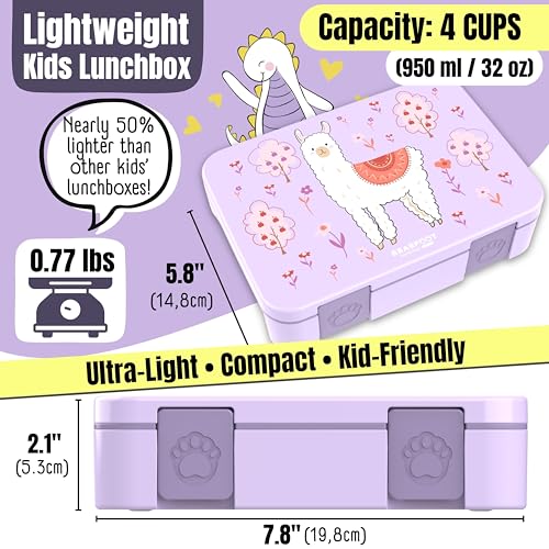 BEARFOOT Kids Lunch Box with Compartments – Compact & Lightweight | Leak-Proof, BPA-Free, Dishwasher Safe | Hand-Drawn Design for Preschool, School, Travel (Llama Purple, 4 Cups) | BPA Free Leakproof Lunch Box with Compartments School & Nursery for Girls