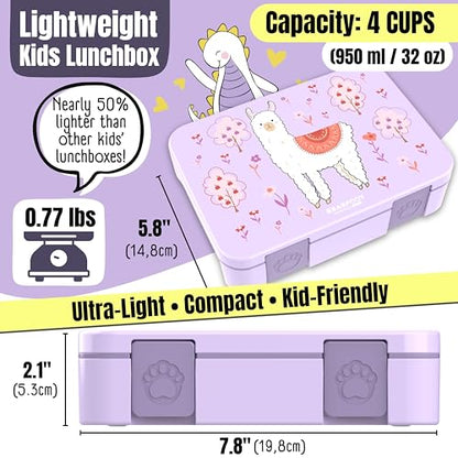 BEARFOOT Kids Lunch Box with Compartments – Compact & Lightweight | Leak-Proof, BPA-Free, Dishwasher Safe | Hand-Drawn Design for Preschool, School, Travel (Llama Purple, 4 Cups) | BPA Free Leakproof Lunch Box with Compartments School & Nursery for Girls