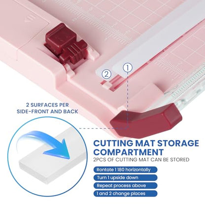 Paper Cutter Pink Rotary Paper Trimmer, 12 Inch Paper Cutter for Cardstock, Scrapbooking, Crafts, 4 Functions with 5 Blades, Safety Guard, Side Ruler for Coupons, Photos, Labels
