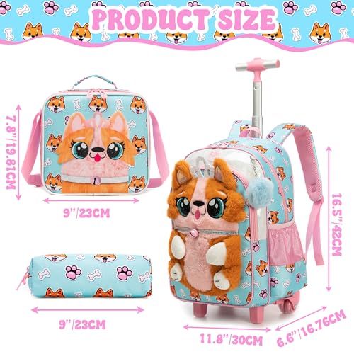 Cute Rolling Backpack for Girls,Lightweight Kids Backpack with Wheels,Wheeled School Bookbag with Pencil Case Lunch Box for Students - color: Orange Dog
