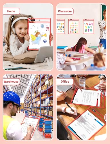 SUNEE 30 Packs Oversized Reusable Dry Erase Pocket Sleeves with 2 Rings, Red 10x14 Ticket Holders, Clear Plastic Sheet Protectors, Teacher School Classroom Supplies - color: Red, style: 30 Pack