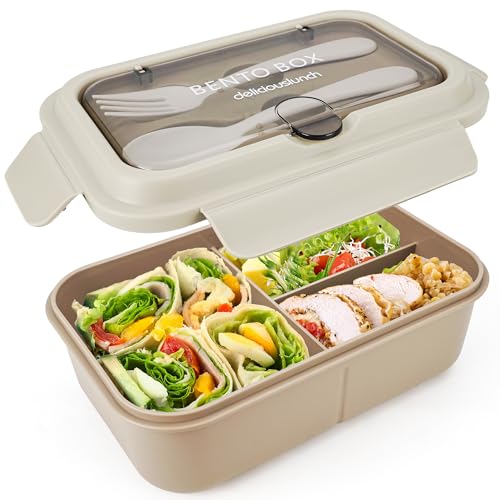 Fanhaw 40 Oz/5 Cup Bento Box for Kids, Men and Women, Lunch Box with 3 Compartments, Utensil, Microwave & Dishwasher Safe (Brown) - color: Brown