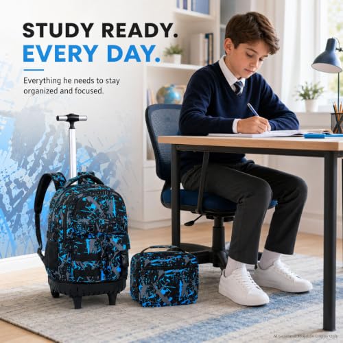 WZLVO 3PCS Wheeled Backpack, Water Resistance Rolling Bookbag for Boys, Roller School Bag Set with Lunch Box & Pencil Bag for Teens & Kids - Spray Blue - color: 3pcs Boys Rolling Backpack - Spray Blue