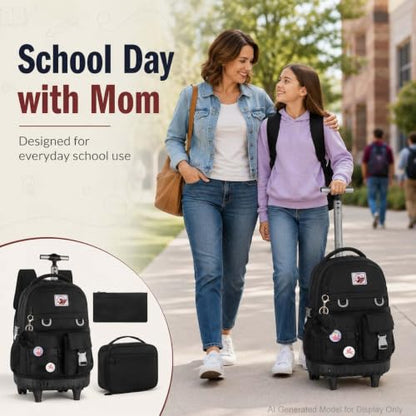 CCJPX Rolling Backpack for Girls Women, 21 inch Roller Wheels School Bookbag, Wheeled Suitcase Backpacks with Lunch Bag for Teen - Black - color: Black