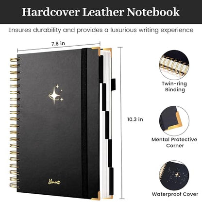 FLYING EAGLE Leather Spiral Notebooks for Work 5 Subject Notebook College Ruled with Dividers Pen, 360 Pages B5 Hardcover Lined Journals for Women Men Writing,Black - color: B.black