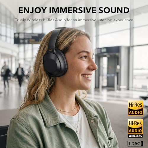 Bluetooth 6.0 Active Noise Cancelling Headphones for Airplane Travel, LDAC Hi-Res Audio, 90H Playtime Wired and Wireless ANC Headphones, Over Ear Headset for Home Office, Custom EQ via APP, Black - color: Black